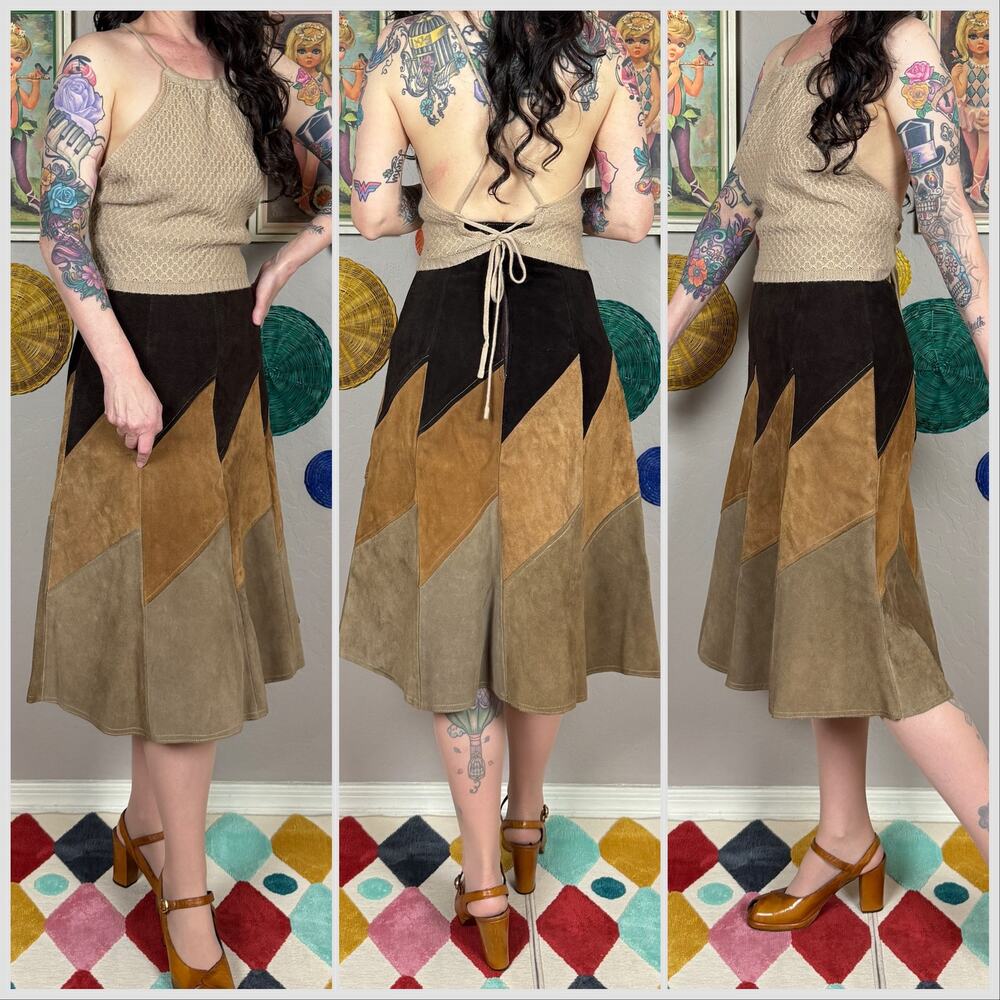 Vintage 1970s Brown Patchwork Suede Leather A-Line Midi Skirt - Picture 3 of 7